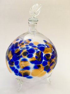 Obstfliegenfalle Klarglas mit Dekor blau/orange, zum Stehen